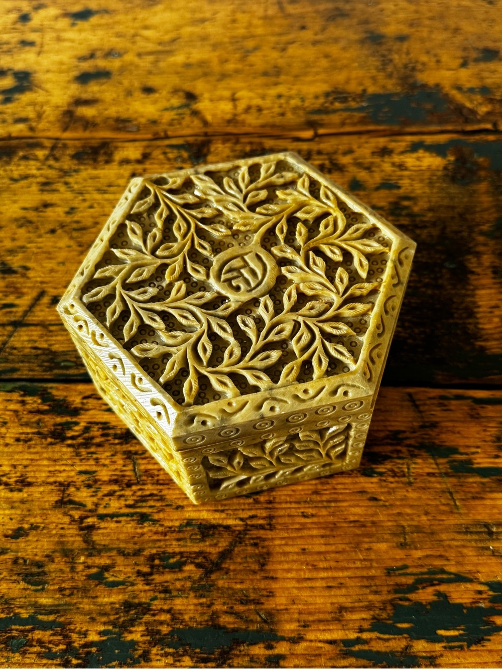 Carved Hexagon Soapstone Trinket Box in Cream Tones